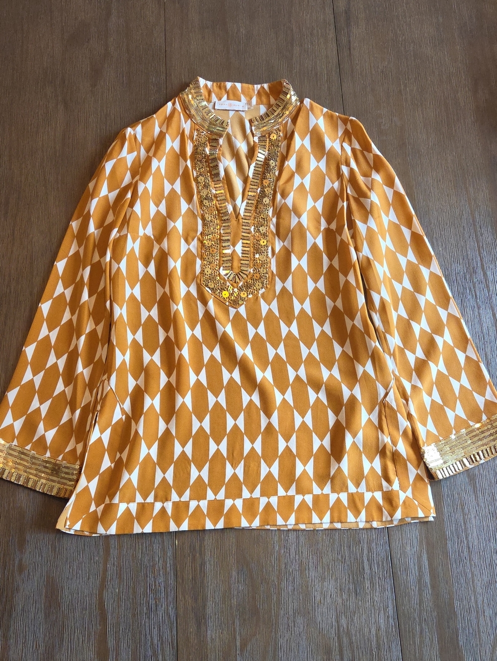 Tory Burch Gold Beaded Embellished Mustard & White Silk Geometric Tunic Top Sz 4